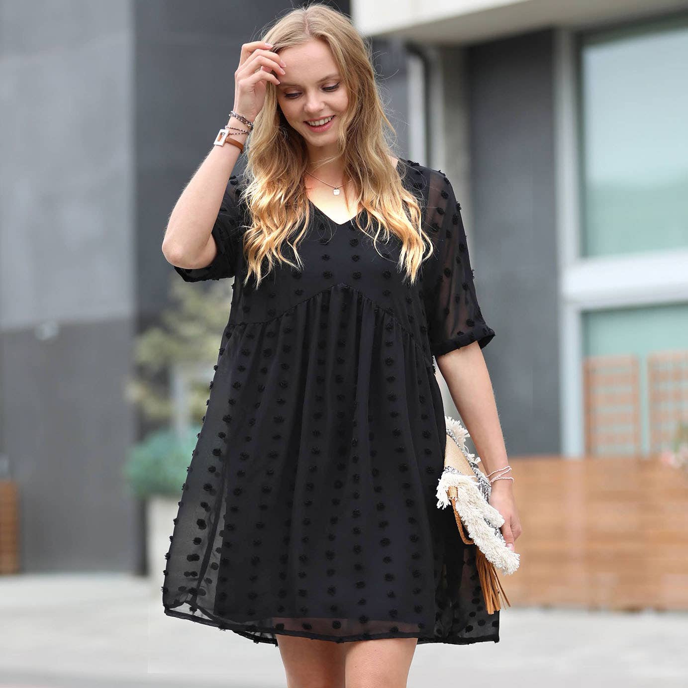 42POPS - ",.Swiss Dot Babydoll V Neck Dress w/ lining