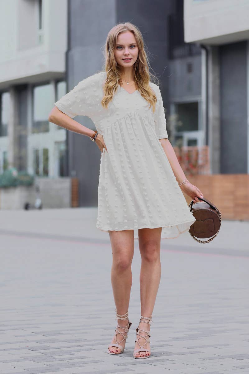42POPS - ",.Swiss Dot Babydoll V Neck Dress w/ lining