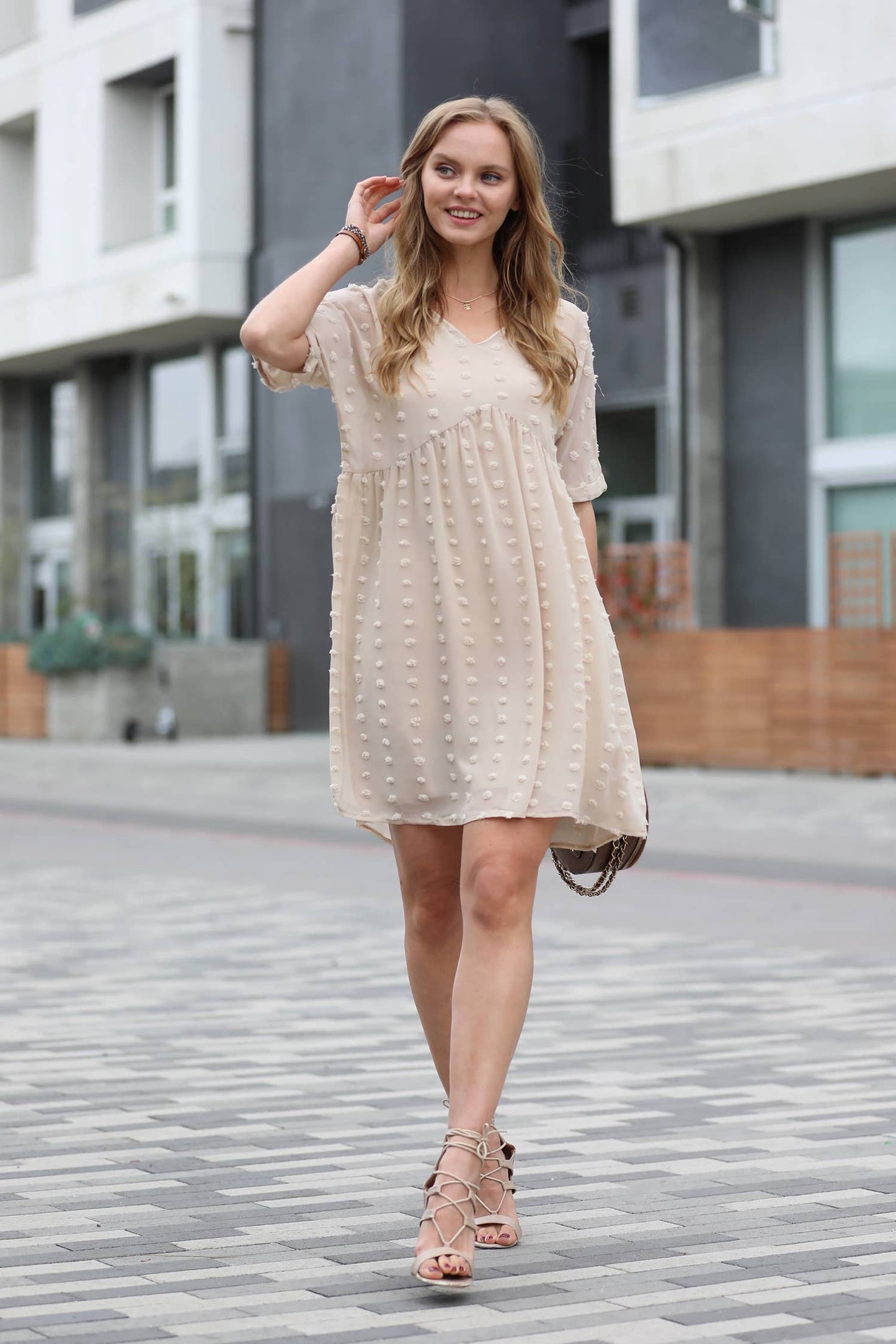 42POPS - ",.Swiss Dot Babydoll V Neck Dress w/ lining