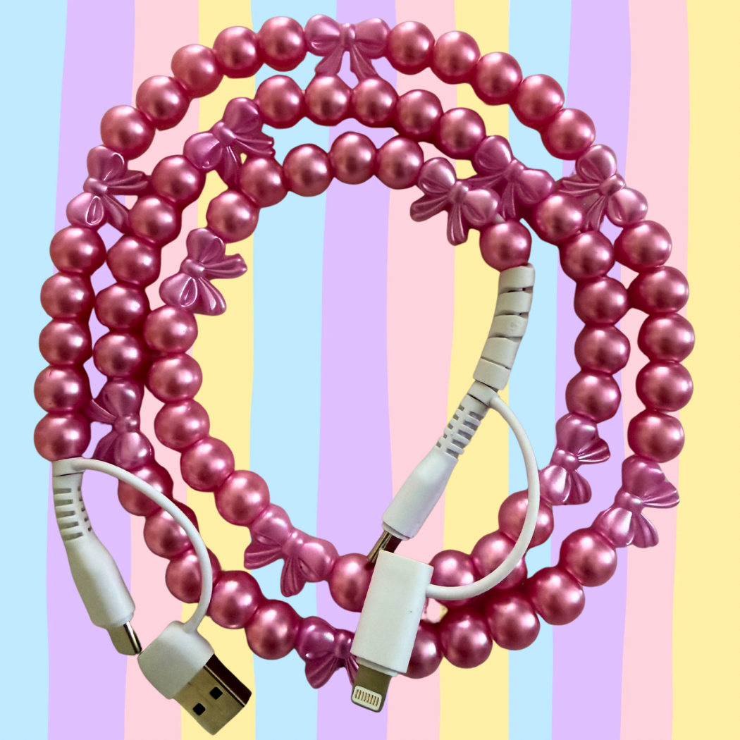 The Onion Patch - Pink Pearl Bow 4-in-1 Beaded Fast Charging Cable