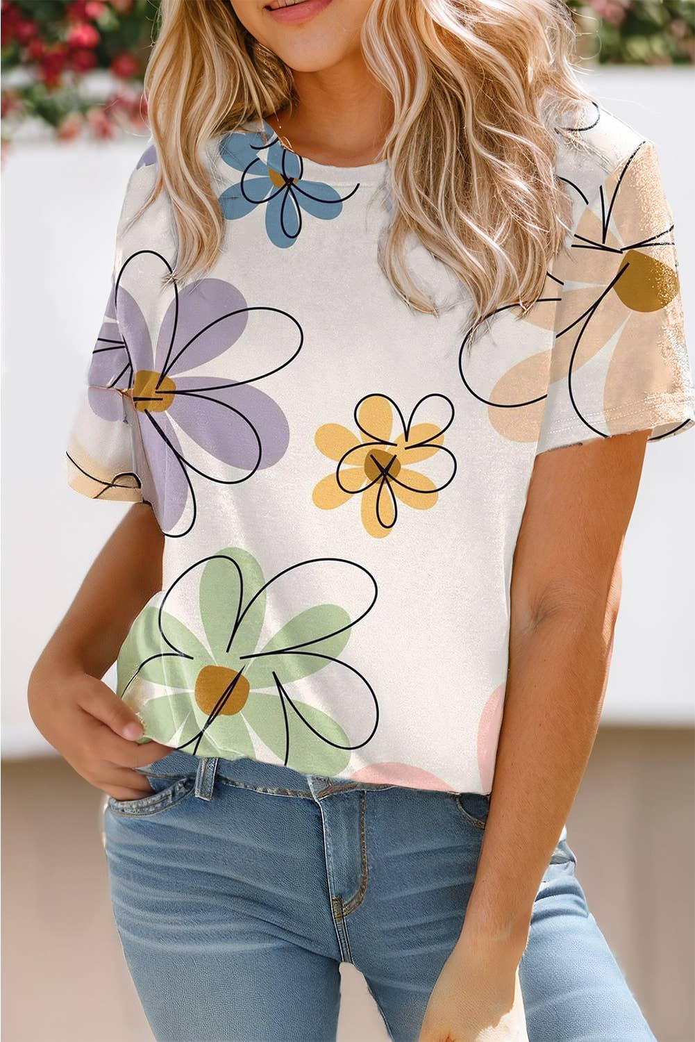 Aapparella - Women Casual Big Flower Print Round Neck T Shirt | S-XL