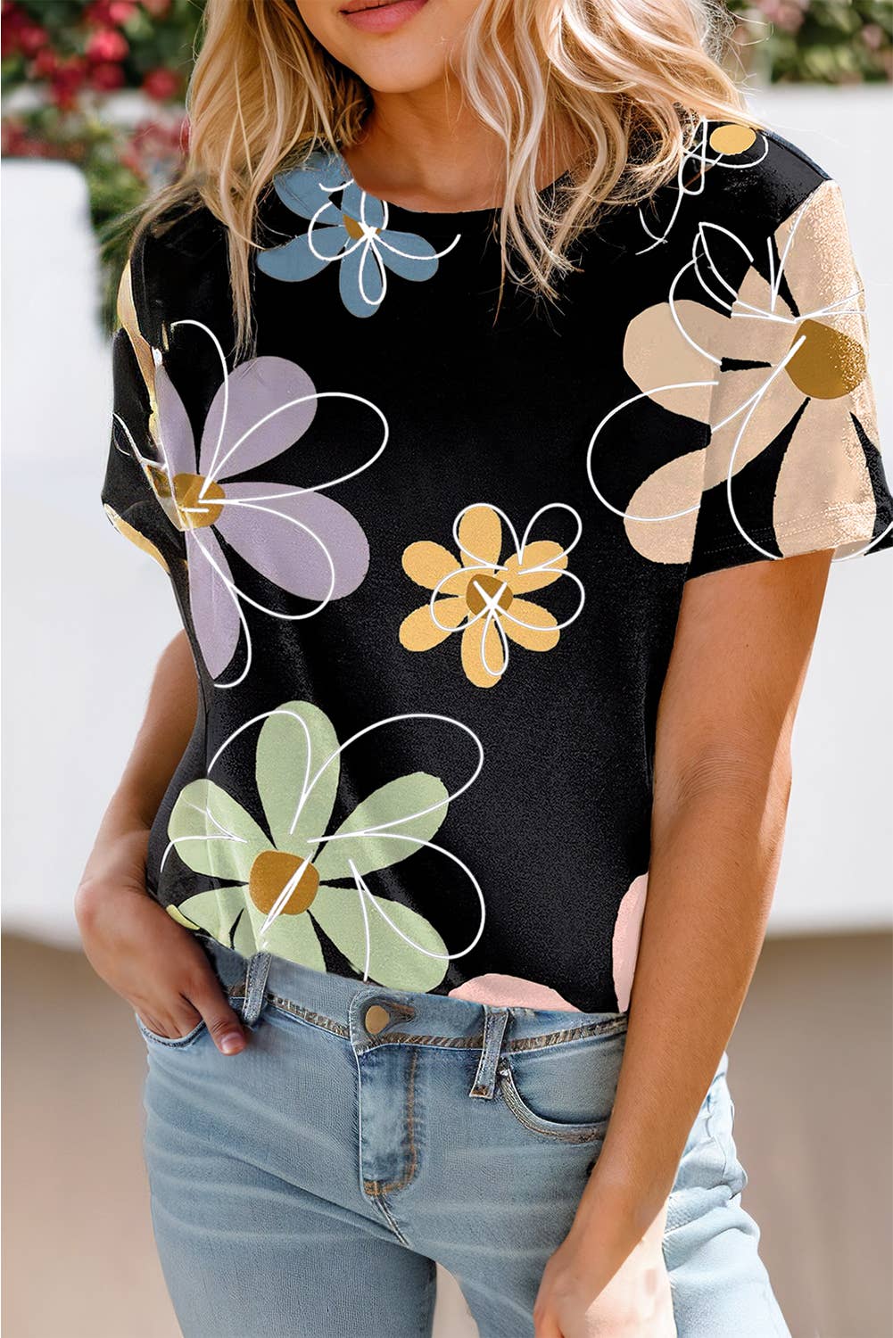 Aapparella - Women Casual Big Flower Print Round Neck T Shirt | S-XL