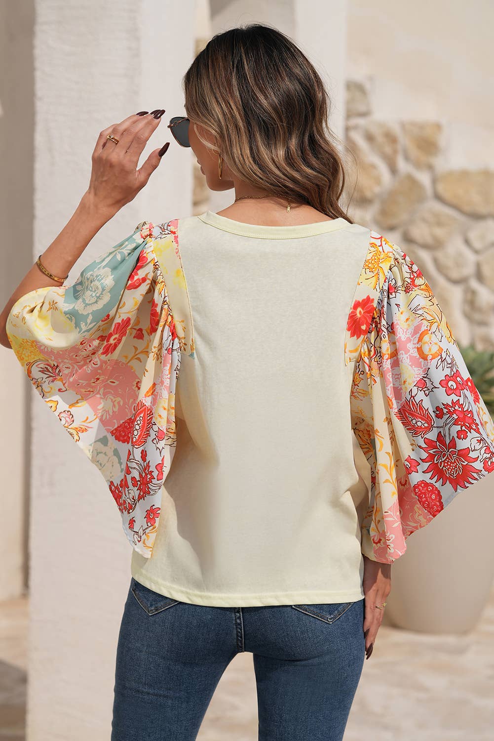 Little Daisy Closet - LDC Floral Patchwork Half Batwing Sleeve Blouse