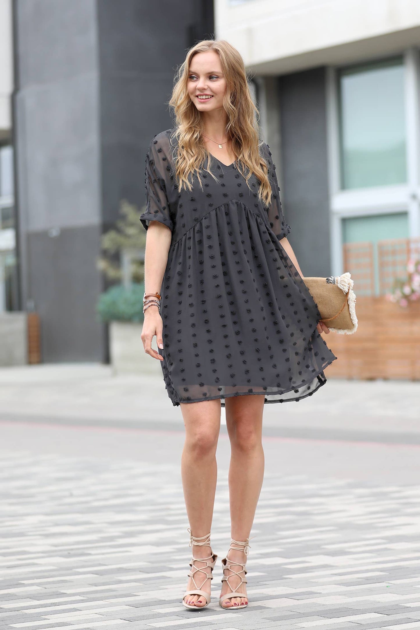 42POPS - ",.Swiss Dot Babydoll V Neck Dress w/ lining