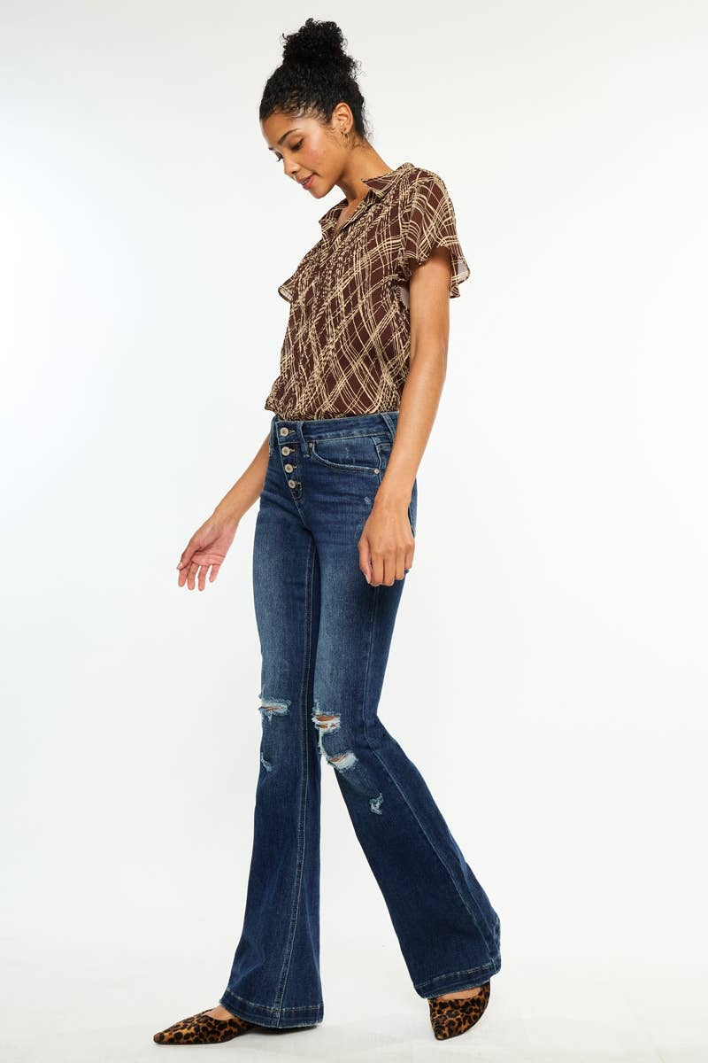 Kan Can USA - OPEN PACK MID RISE BUTTON UP DISTRESS FLARE JEANS-KC6327FD