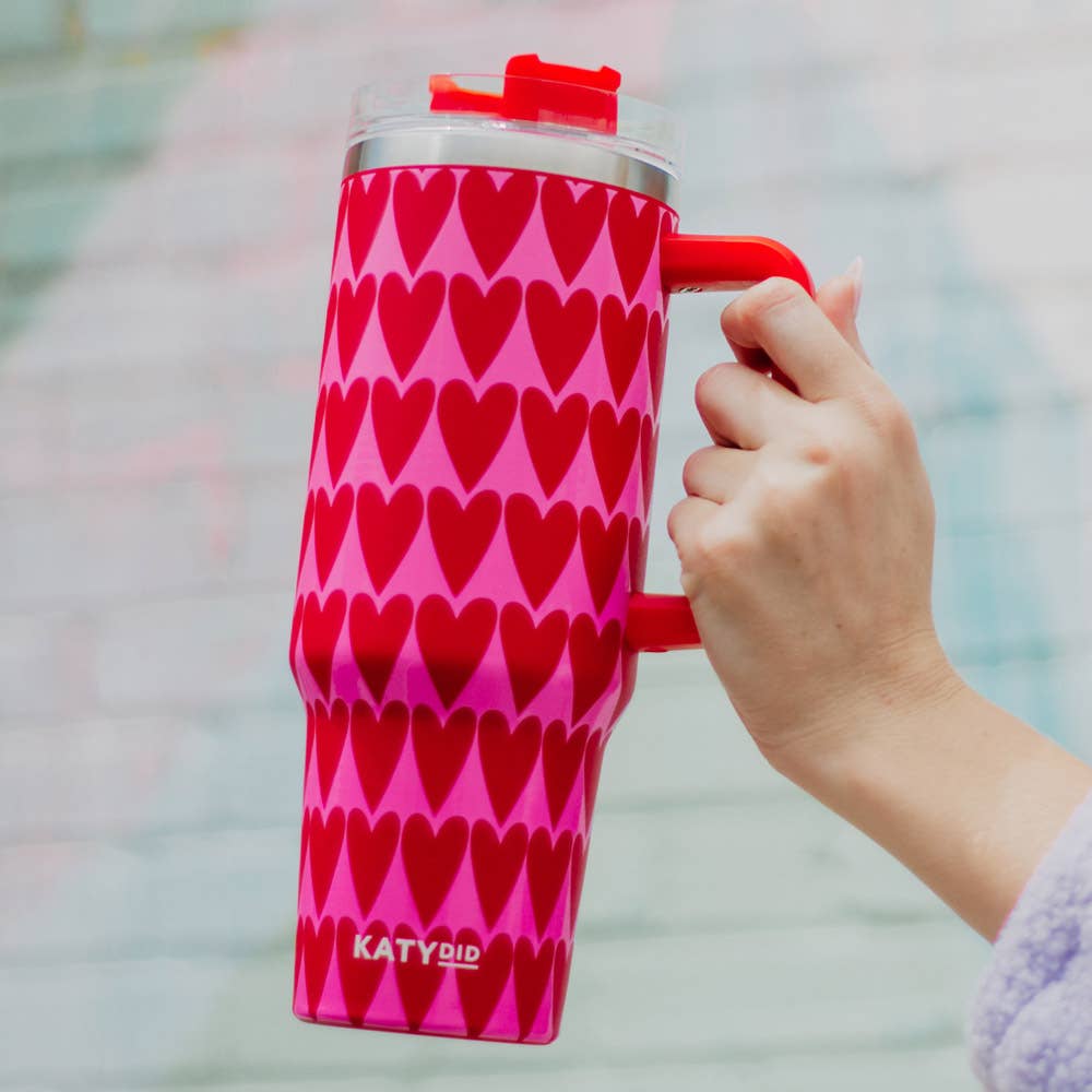 Katydid - Girly Red Hearts Pattern Tumbler with Handle and Straw: Light Pink