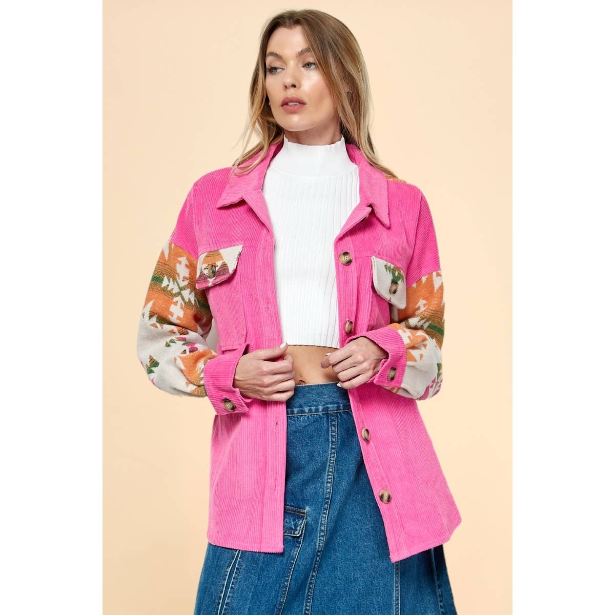 Veveret - Contrast Pattern Corduroy Shacket