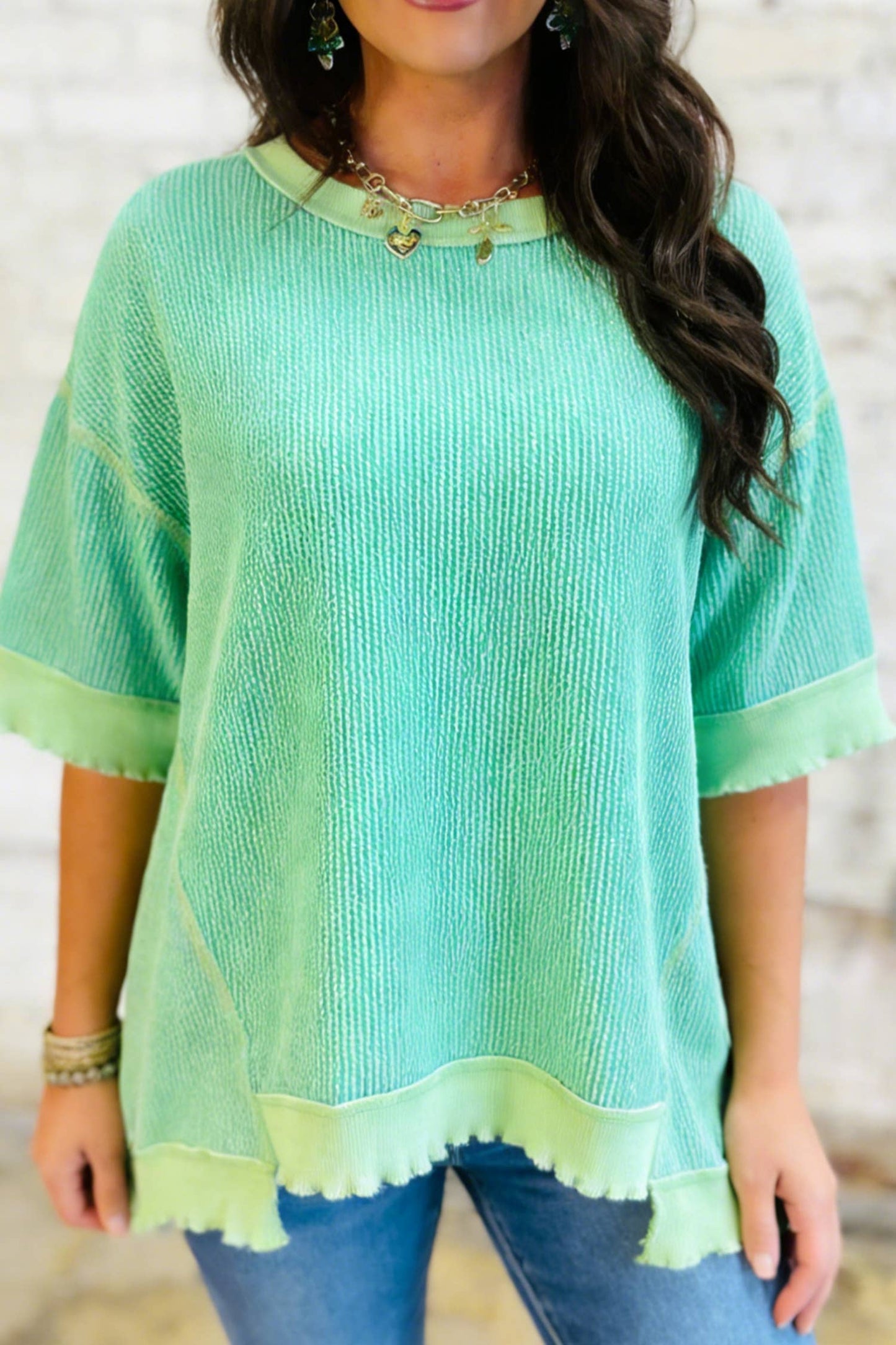 66DISCO - 66 Sweetheart Hot Pink Lucky Distressed Knit Top (S-XL)