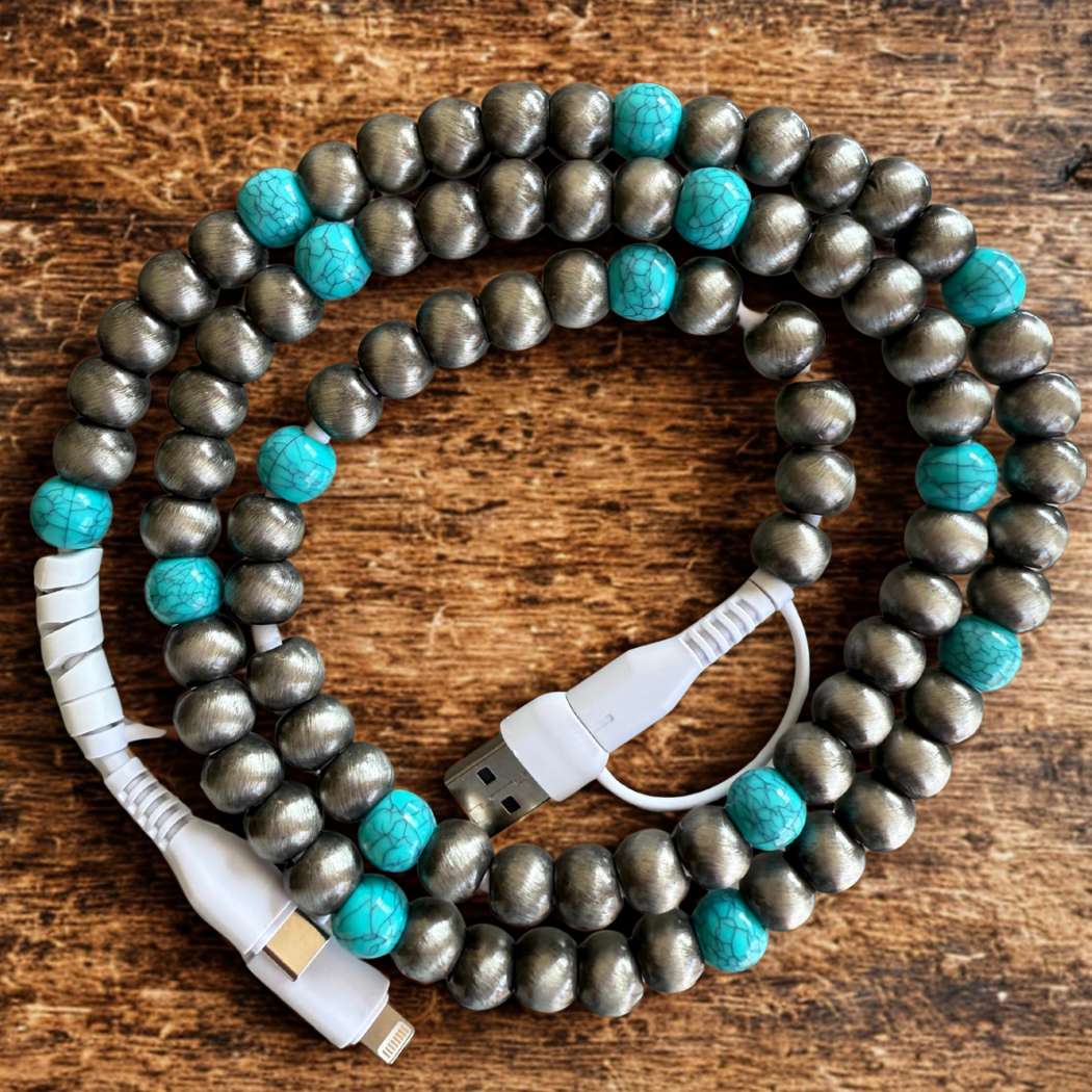 The Onion Patch - Cowboy Pearl & Turquoise Beaded 4-IN-1 Charging Cable