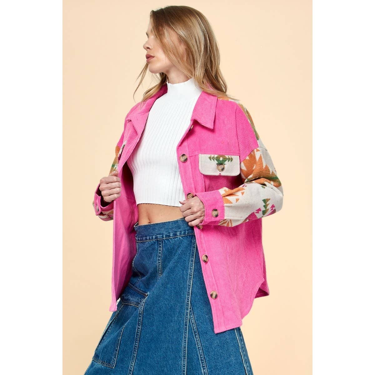 Veveret - Contrast Pattern Corduroy Shacket