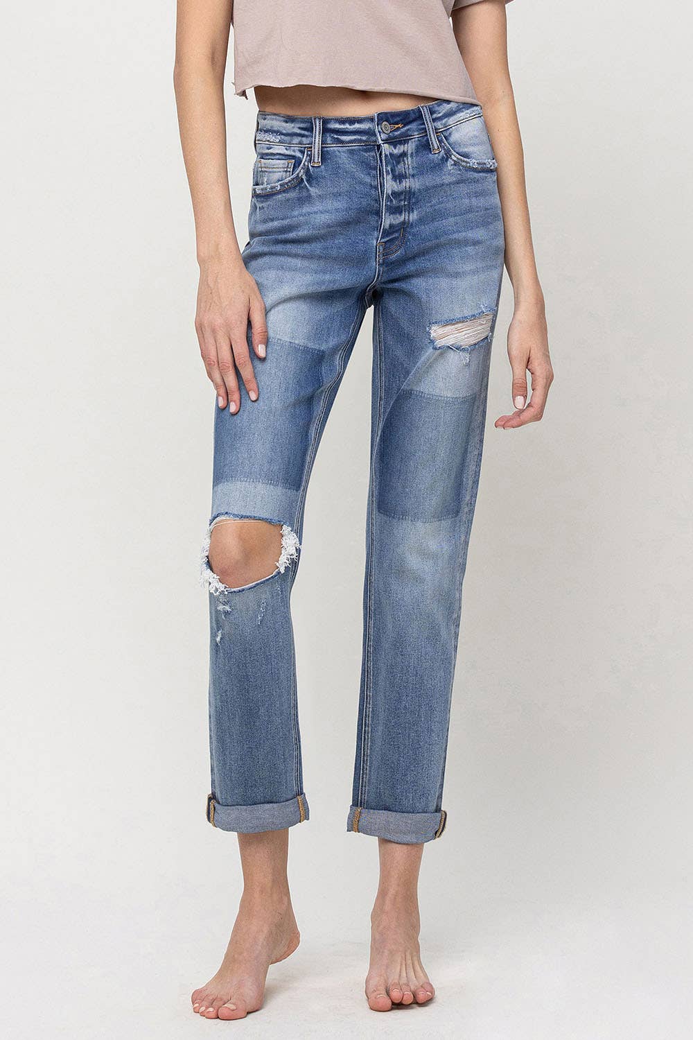 VERVET by FLYING MONKEY - MID RISE BUTTON FLY CUFFED BOYFRIEND JEANS V3117