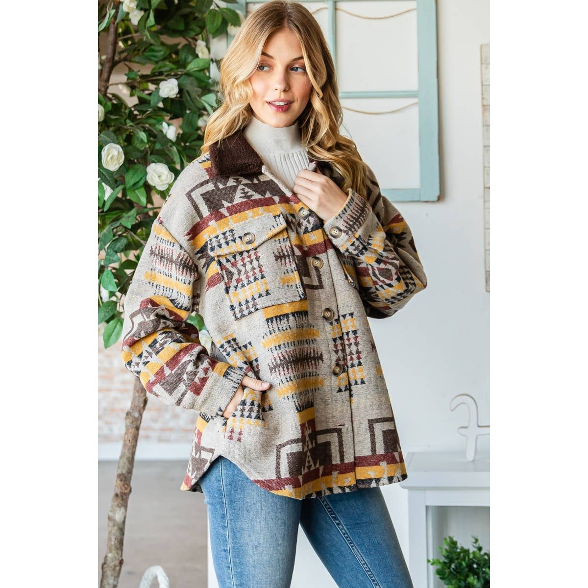 Desert PlainsVintage Pattern Thick Knit Fringe Shacket