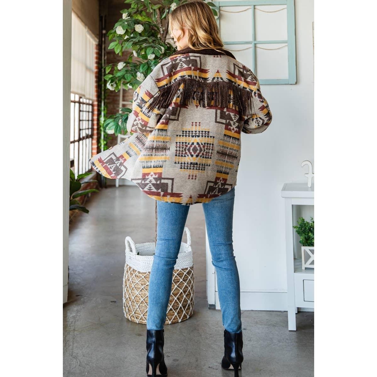 Desert PlainsVintage Pattern Thick Knit Fringe Shacket