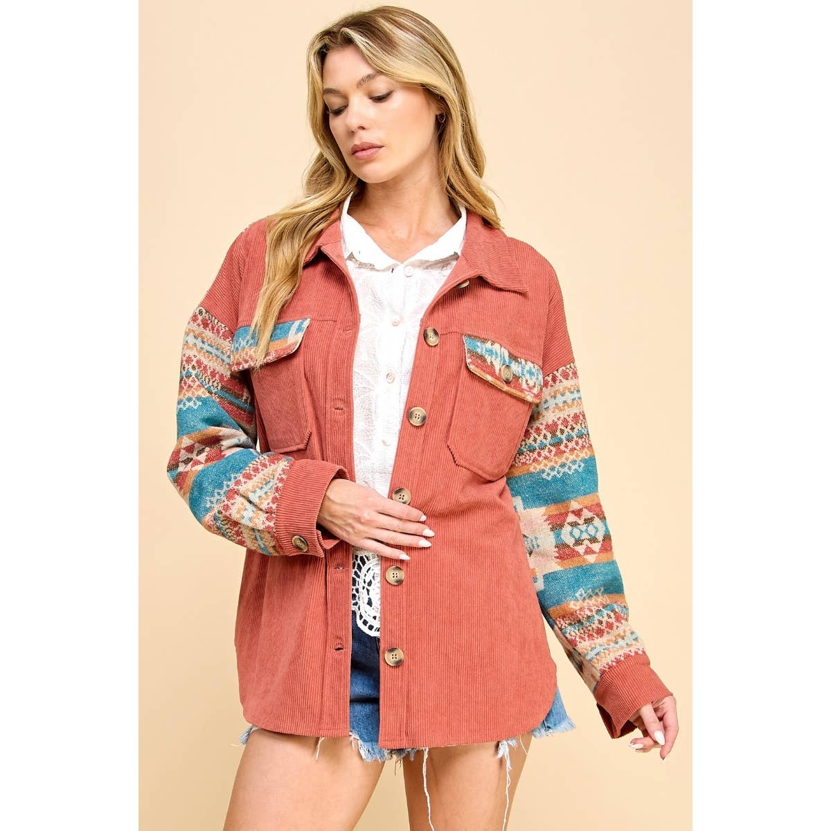 Veveret - Contrast Pattern Corduroy Shacket