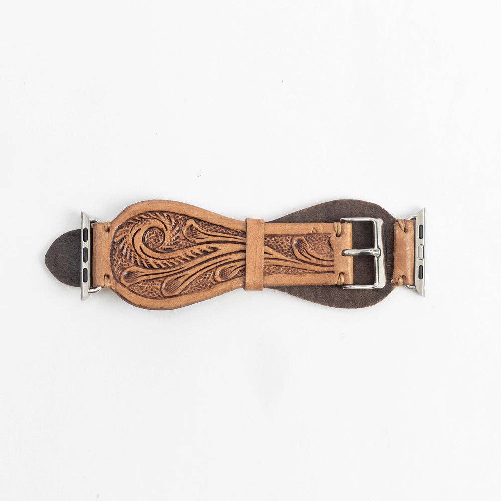 Myra Bag - Lone Star Handtooled Leather Watch Band in Light Saddle Tan