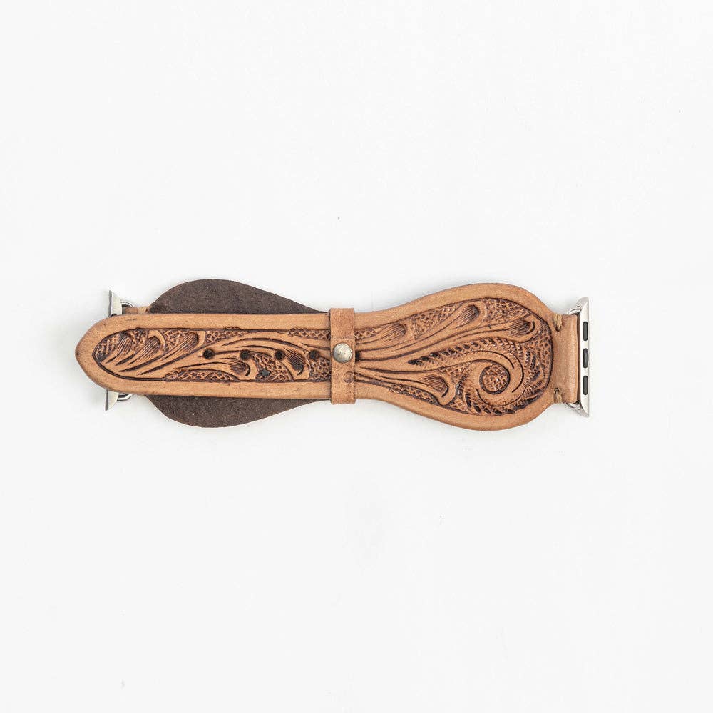 Myra Bag - Lone Star Handtooled Leather Watch Band in Light Saddle Tan