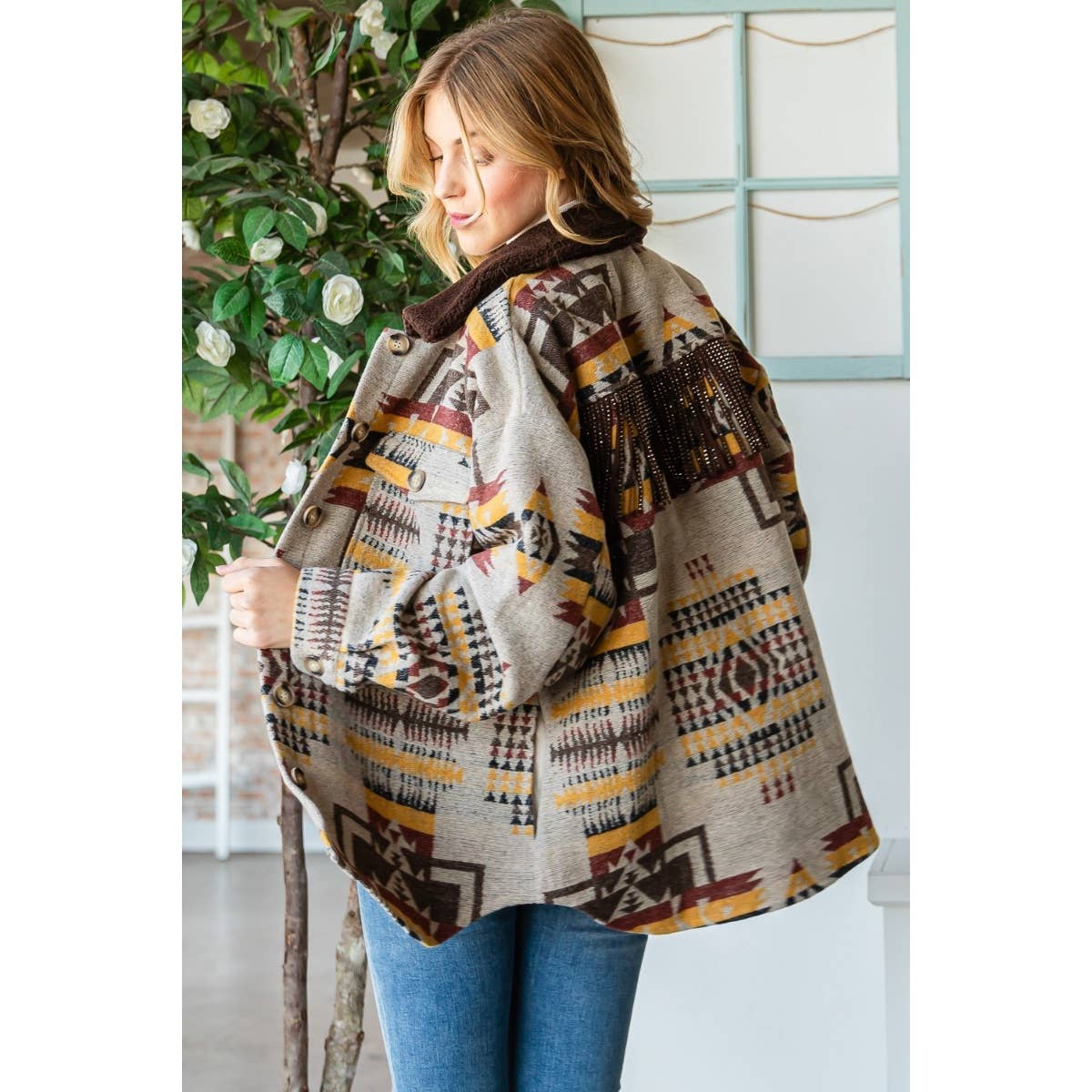 Desert PlainsVintage Pattern Thick Knit Fringe Shacket