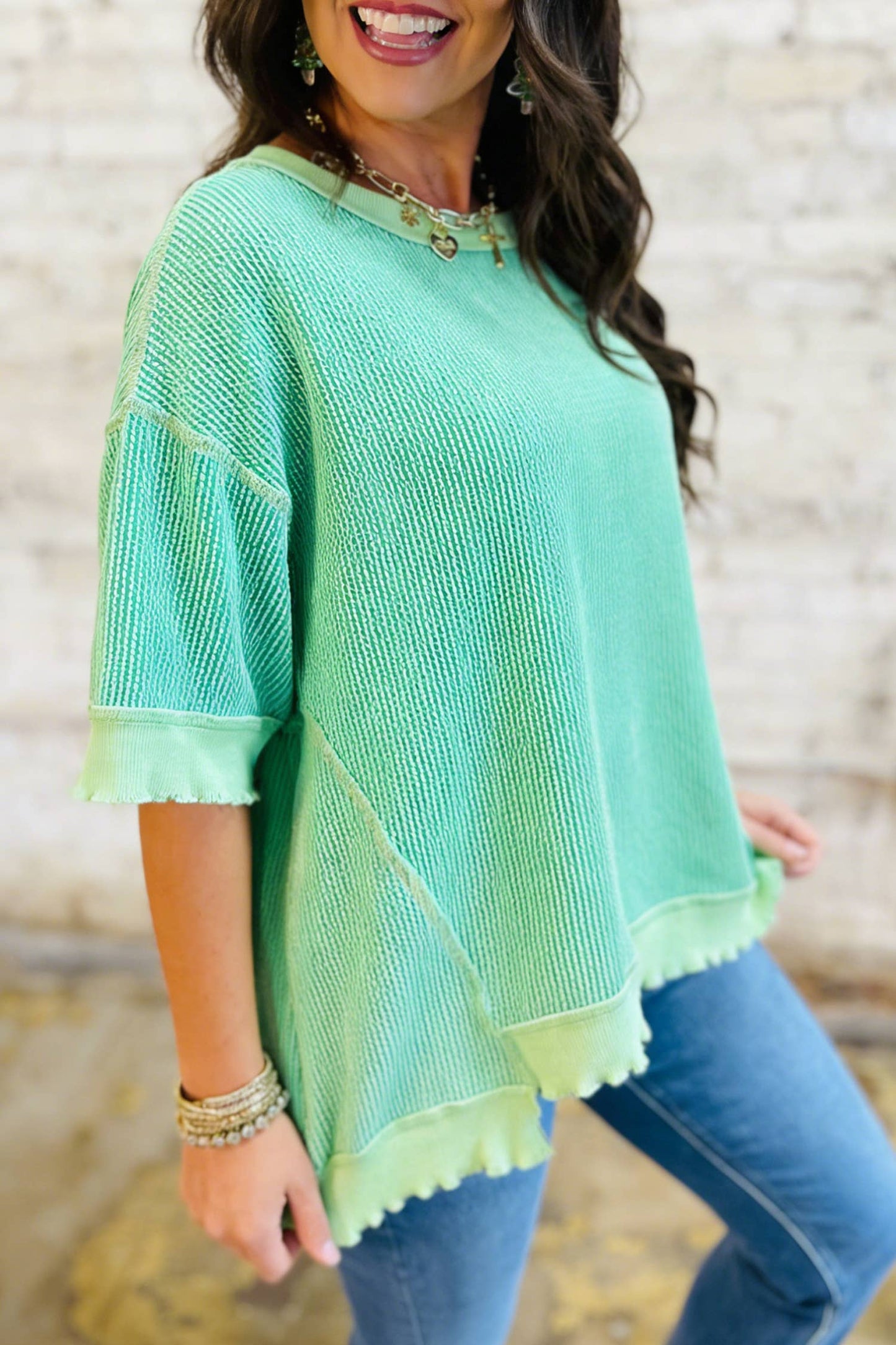 66DISCO - 66 Sweetheart Hot Pink Lucky Distressed Knit Top (S-XL)