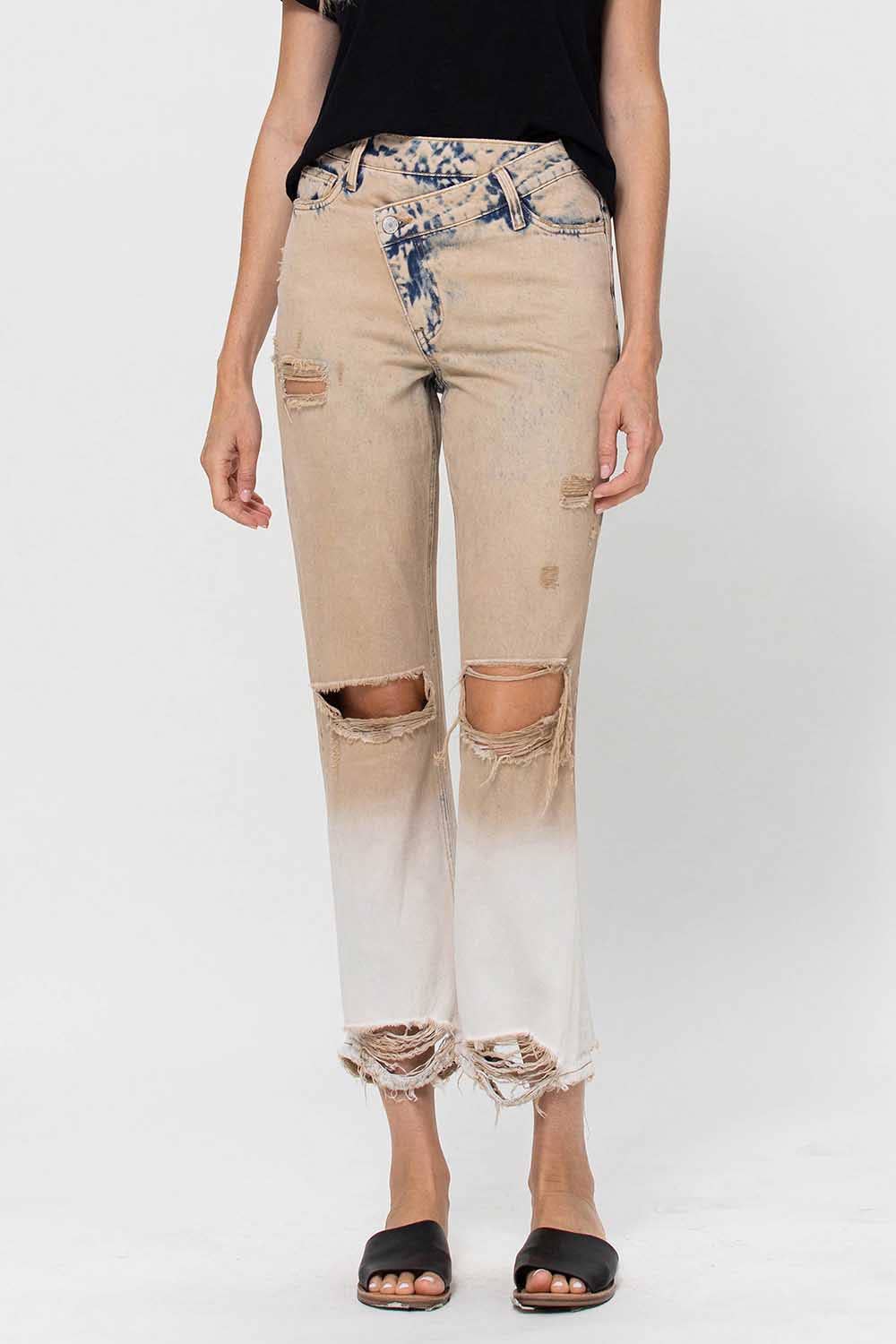 VERVET by FLYING MONKEY - HIGH RISE CRISS CROSS WAISTBAND BOYFRIEND JEANS V2711