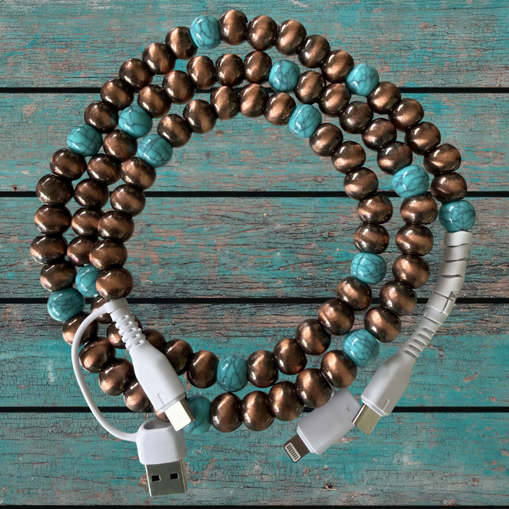 The Onion Patch - Copper Cowboy Pearl and Turquoise 4-in1 Beaded Fast Charging Cable