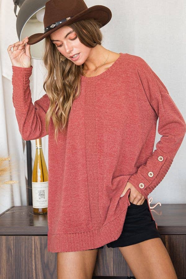 JADE BY JANE - LOOSE FIT BUTTON SLEEVE SOFT SWEATER KNIT