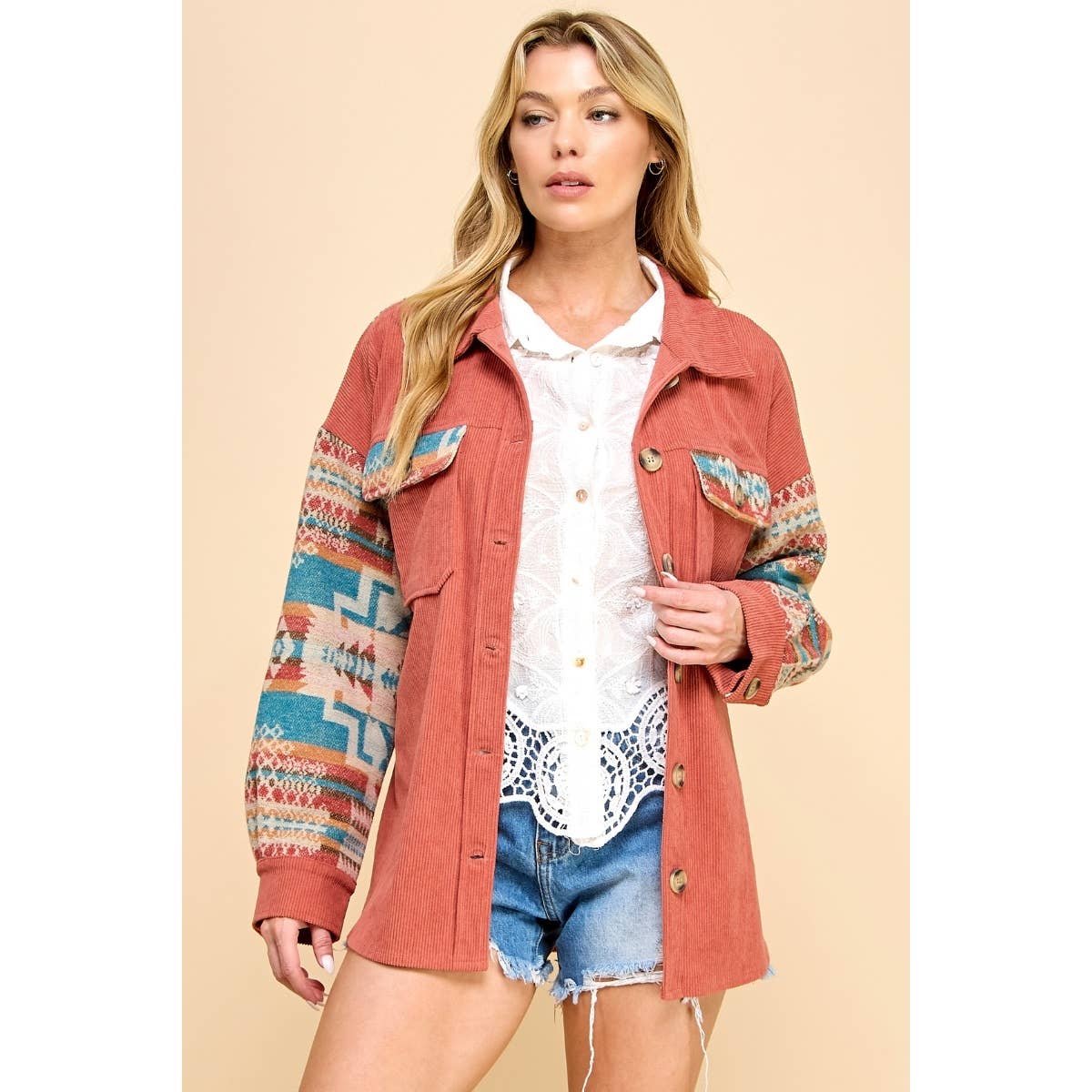 Veveret - Contrast Pattern Corduroy Shacket