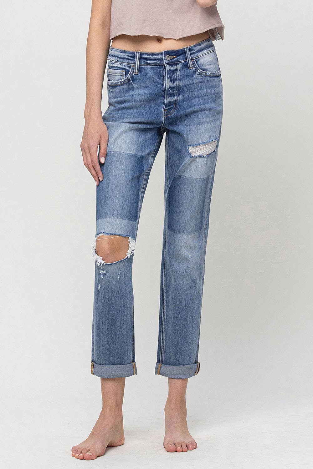 VERVET by FLYING MONKEY - MID RISE BUTTON FLY CUFFED BOYFRIEND JEANS V3117