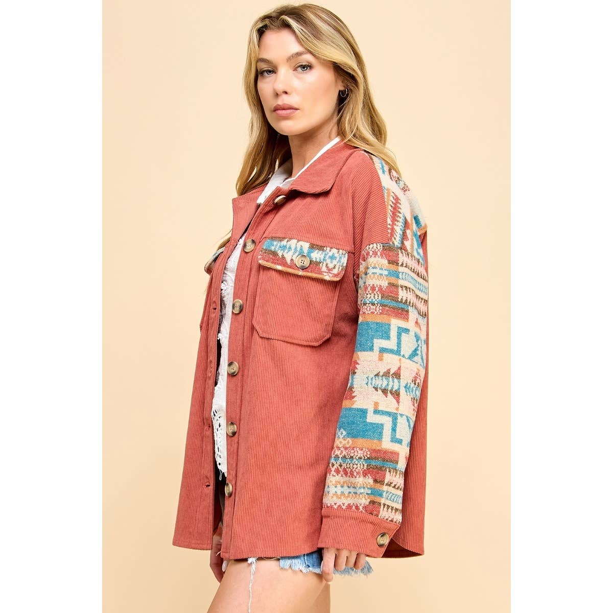 Veveret - Contrast Pattern Corduroy Shacket