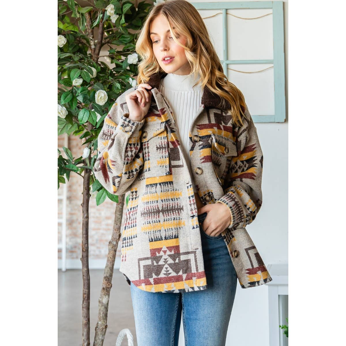 Desert PlainsVintage Pattern Thick Knit Fringe Shacket