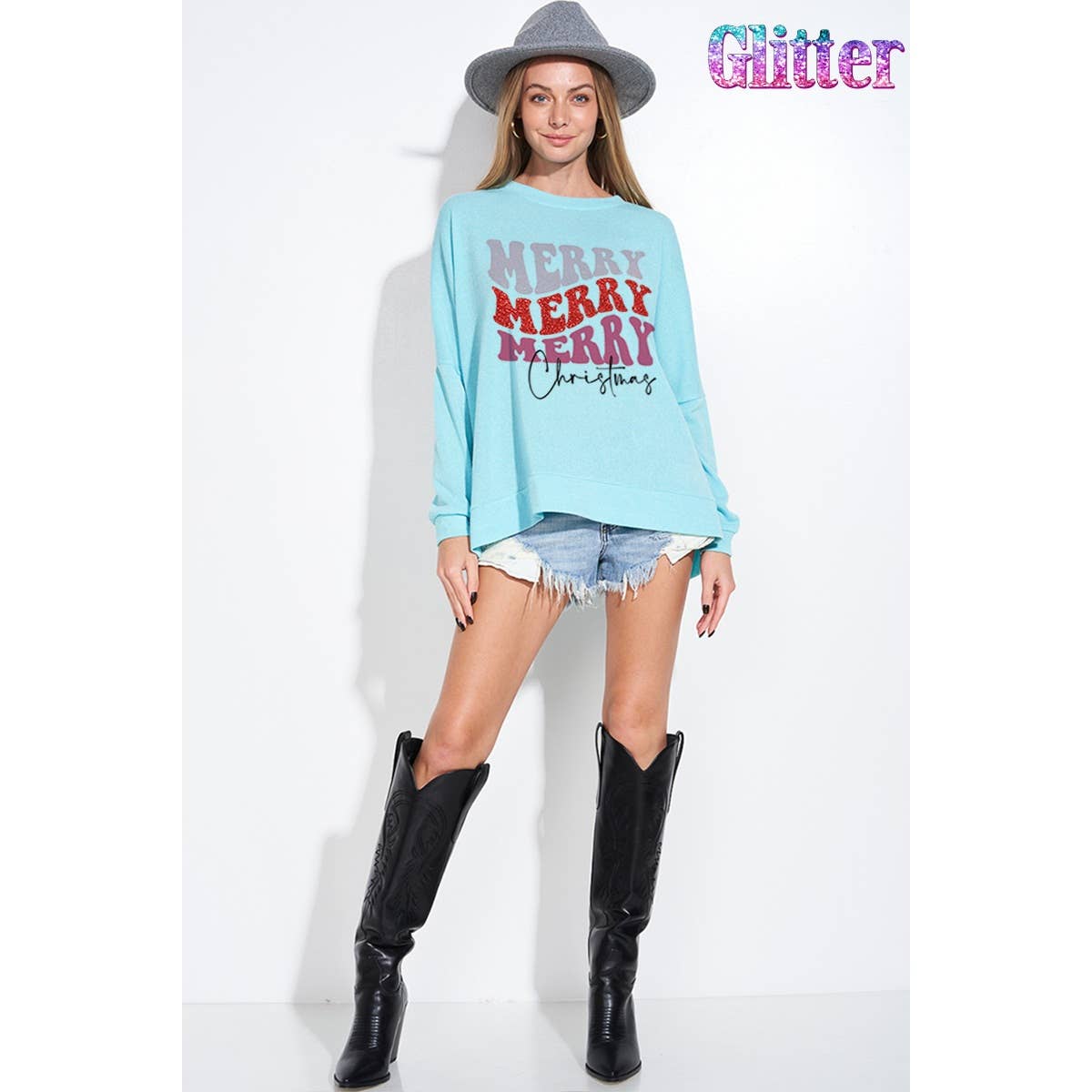 Phil Love - Merry christmas glitter side slit long sleeve top: Sky Blue / S