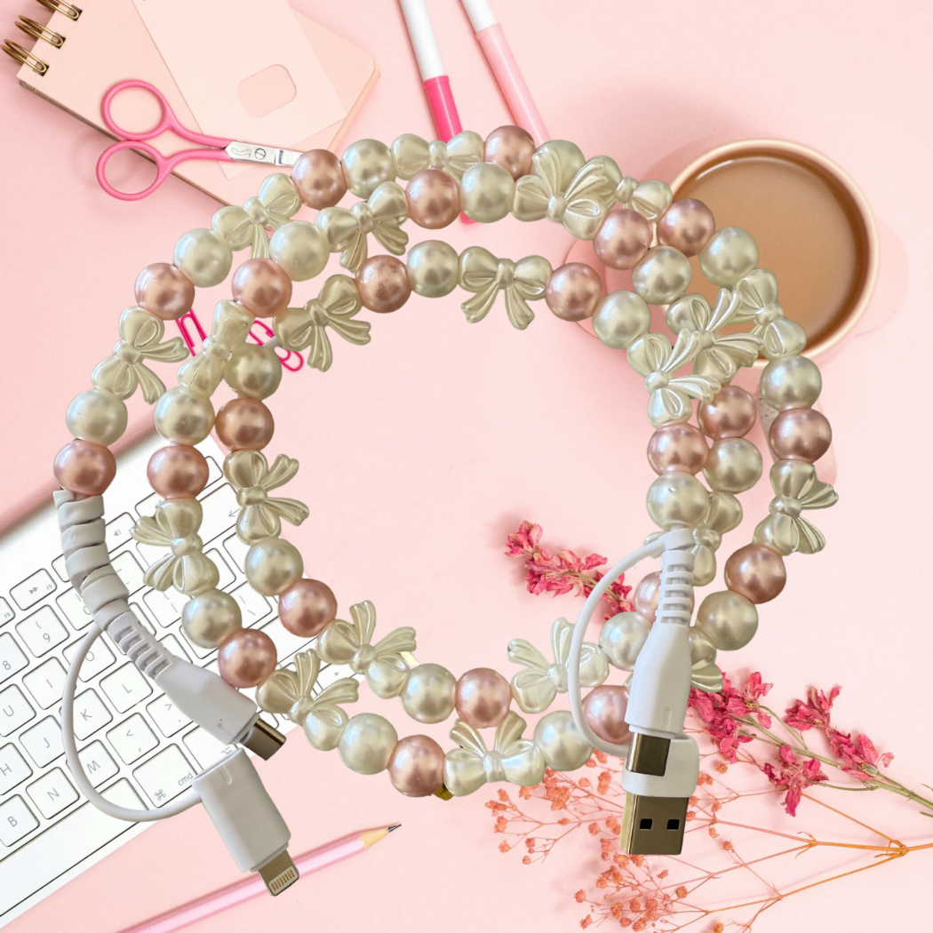 The Onion Patch - Pink & White Bow Pearl Beaded 4-in-1 Charger
