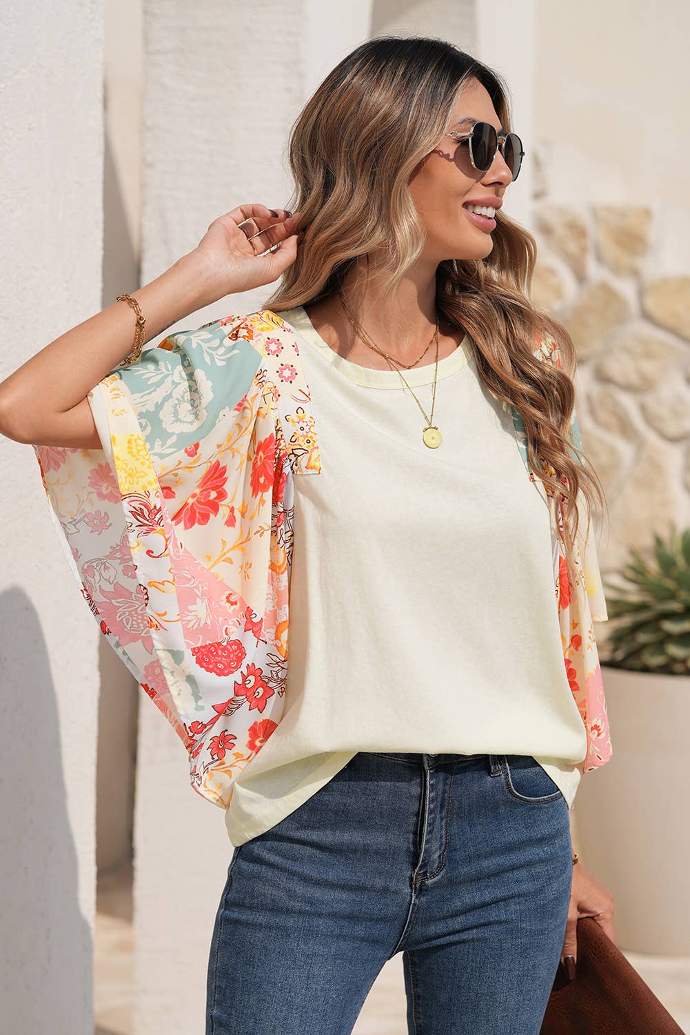 Little Daisy Closet - LDC Floral Patchwork Half Batwing Sleeve Blouse
