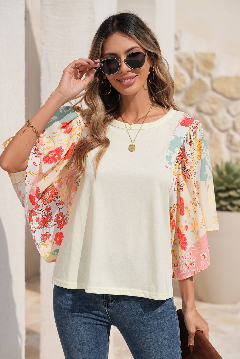 Little Daisy Closet - LDC Floral Patchwork Half Batwing Sleeve Blouse
