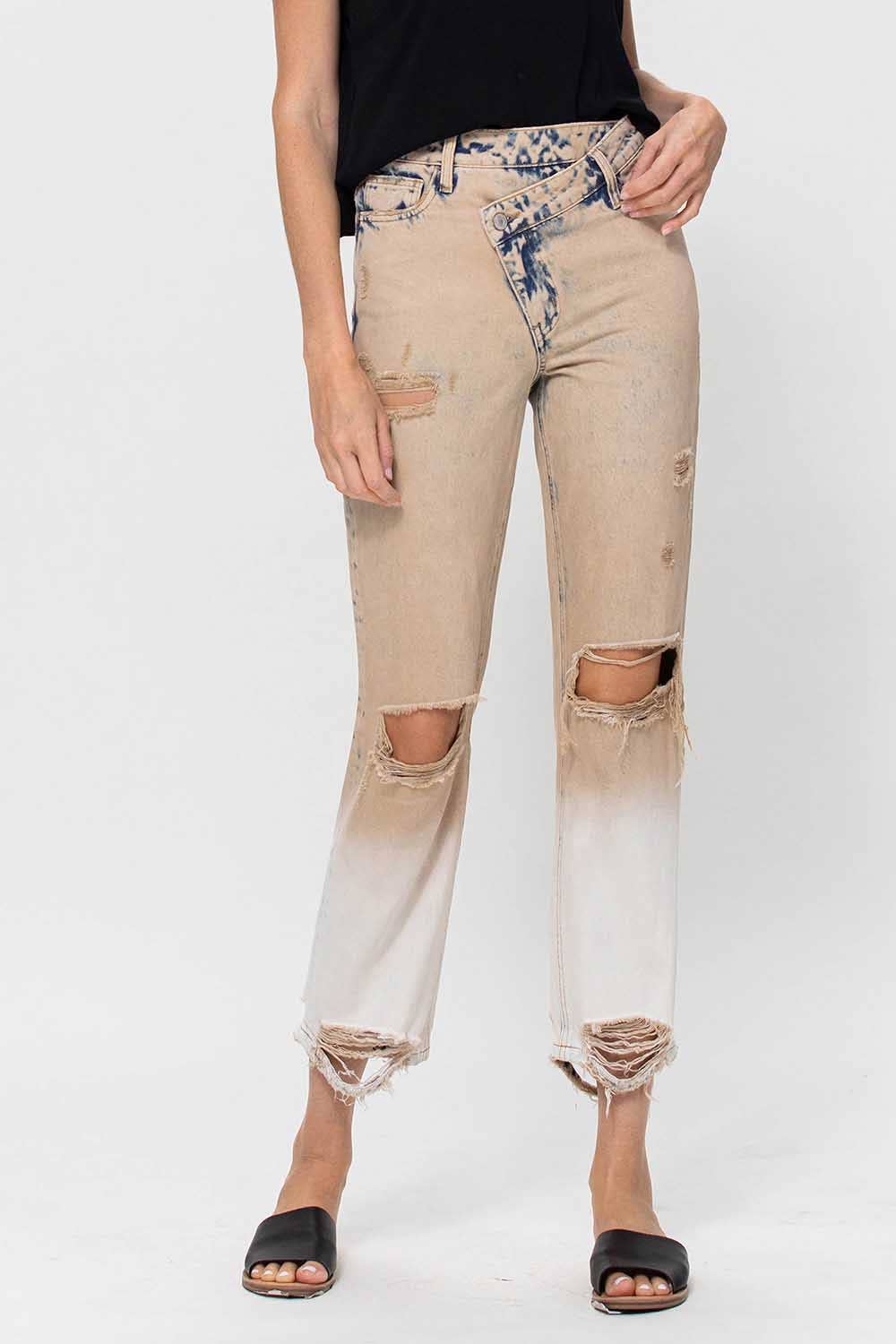 VERVET by FLYING MONKEY - HIGH RISE CRISS CROSS WAISTBAND BOYFRIEND JEANS V2711