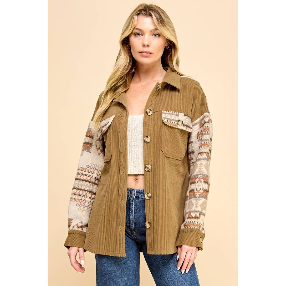 Veveret - Contrast Pattern Corduroy Shacket