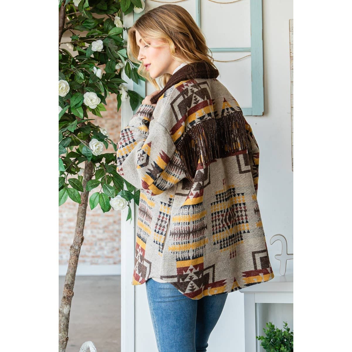 Desert PlainsVintage Pattern Thick Knit Fringe Shacket