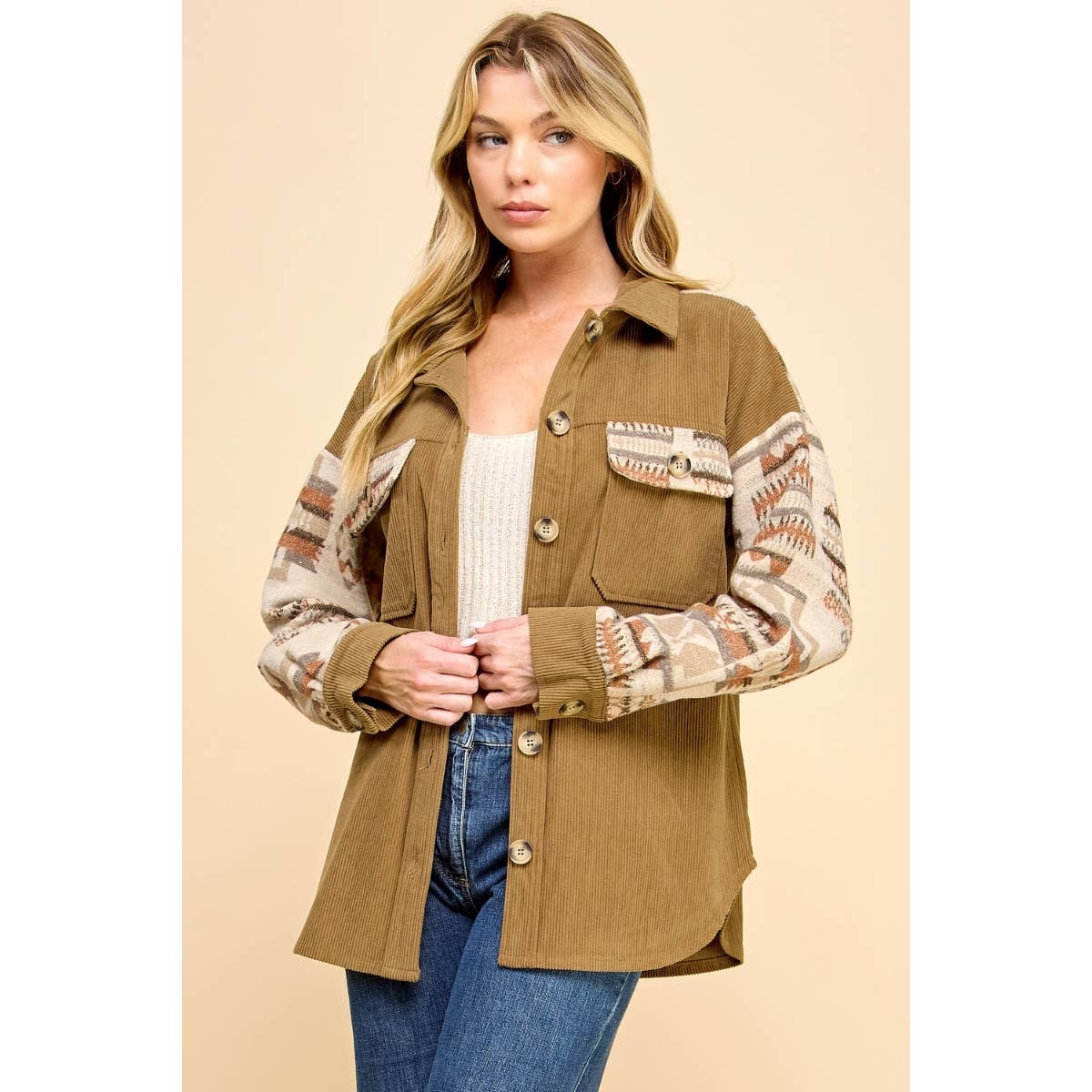 Veveret - Contrast Pattern Corduroy Shacket