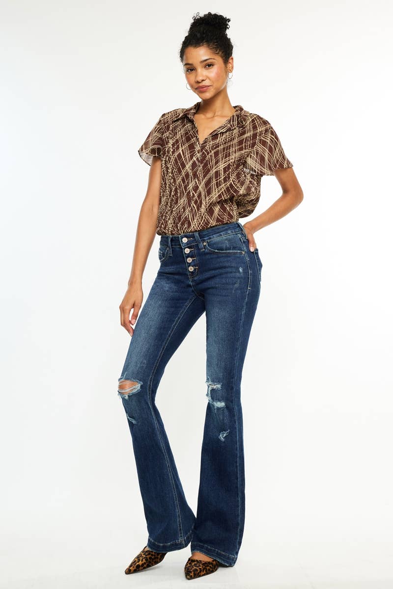 Kan Can USA - OPEN PACK MID RISE BUTTON UP DISTRESS FLARE JEANS-KC6327FD