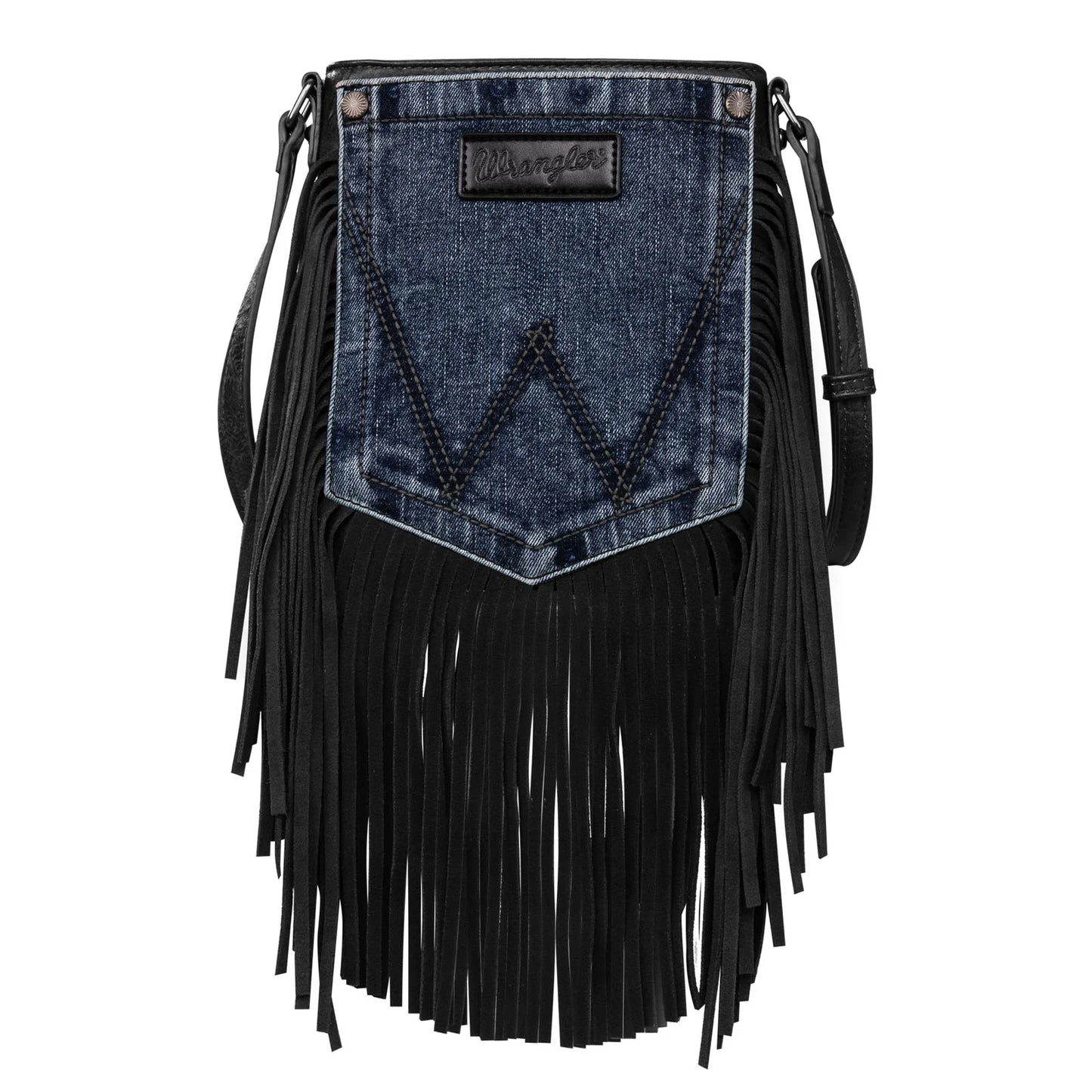 Wrangler Leather Fringe Jean Denim Pocket Crossbody Black