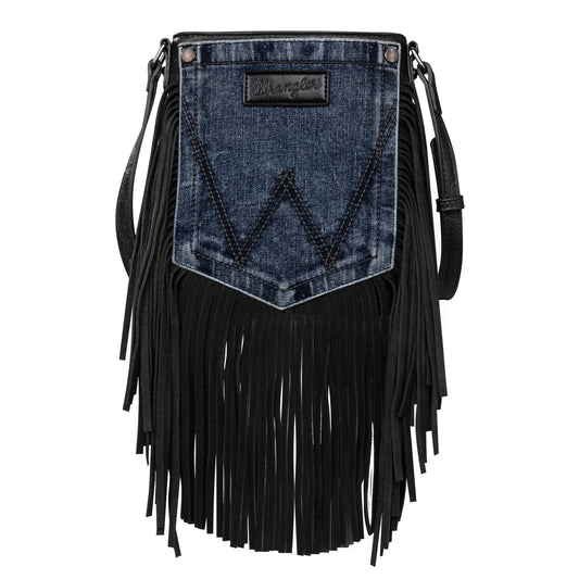 Wrangler Leather Fringe Jean Denim Pocket Crossbody Black