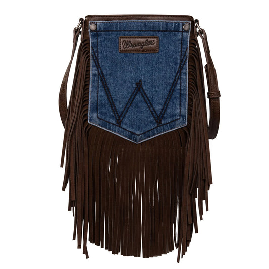 Wrangler Leather Fringe Jean Denim Pocket Crossbody - Coffee