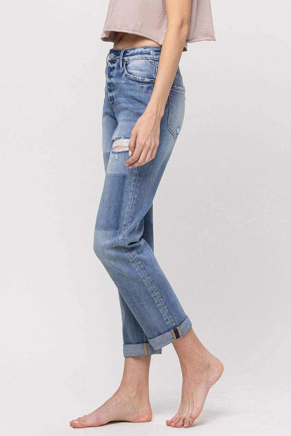 VERVET by FLYING MONKEY - MID RISE BUTTON FLY CUFFED BOYFRIEND JEANS V3117