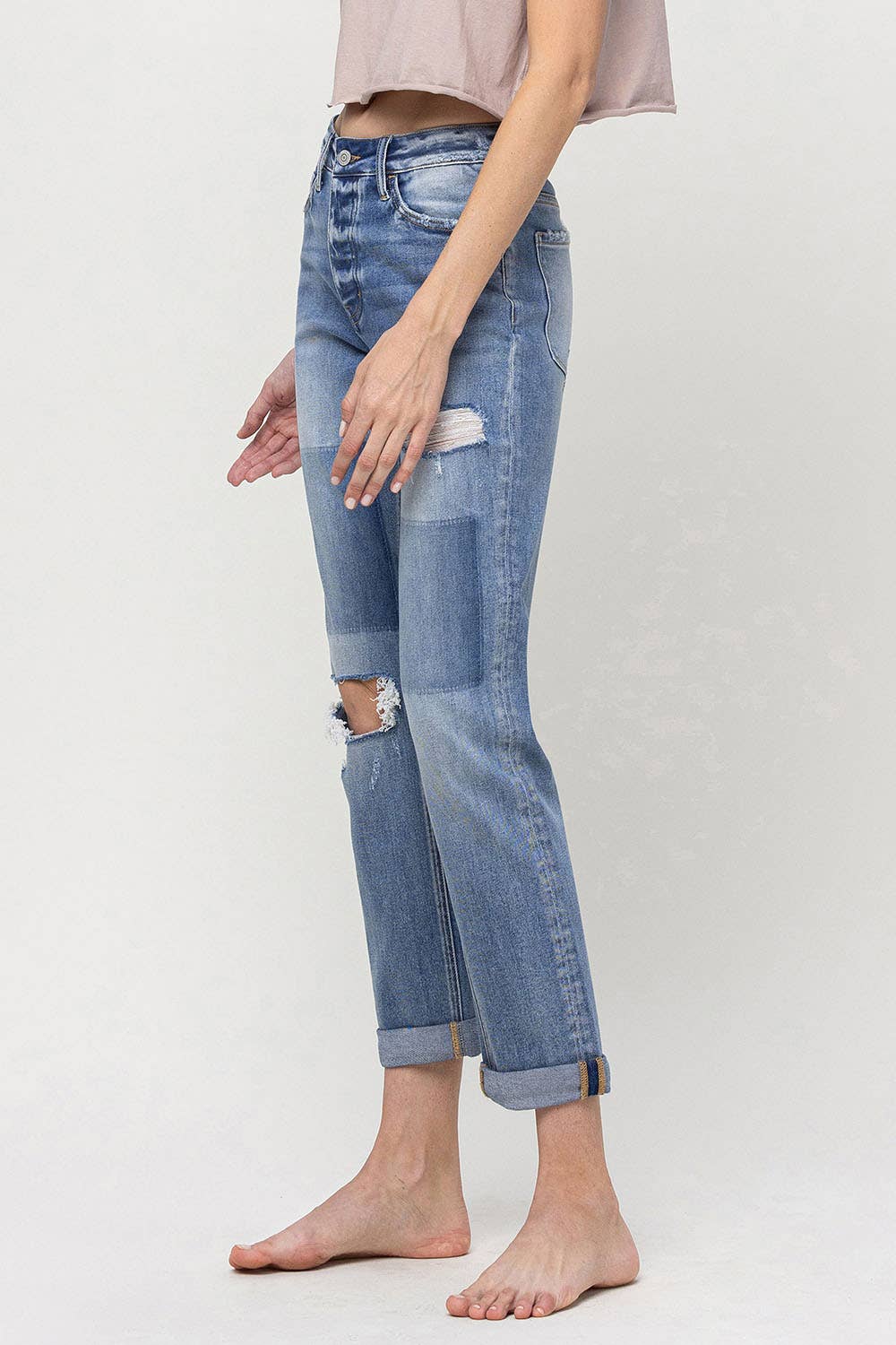 VERVET by FLYING MONKEY - MID RISE BUTTON FLY CUFFED BOYFRIEND JEANS V3117