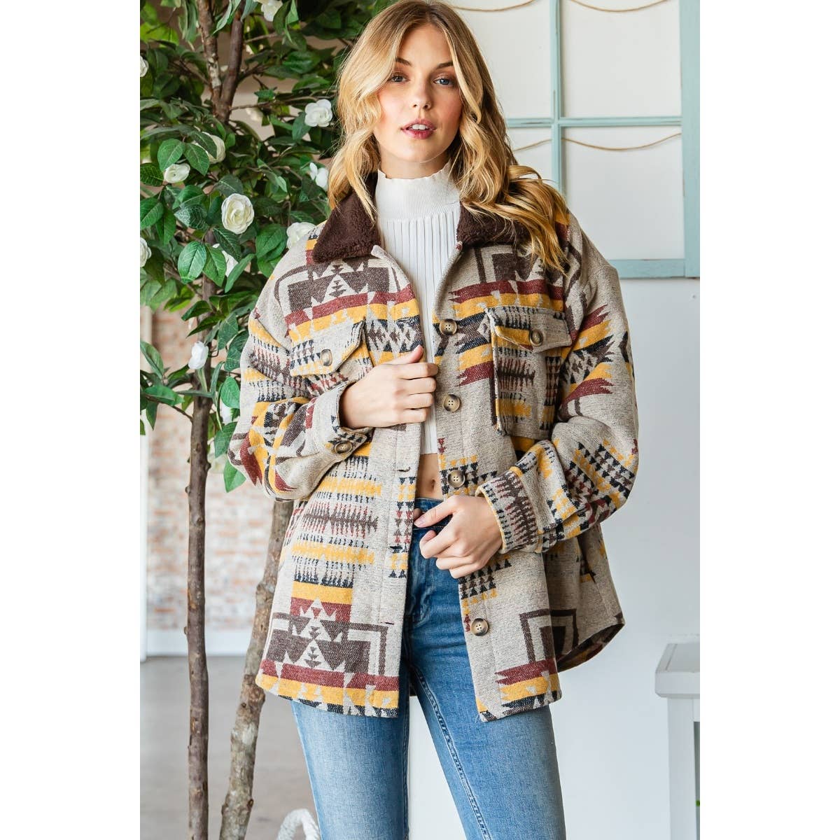 Desert PlainsVintage Pattern Thick Knit Fringe Shacket