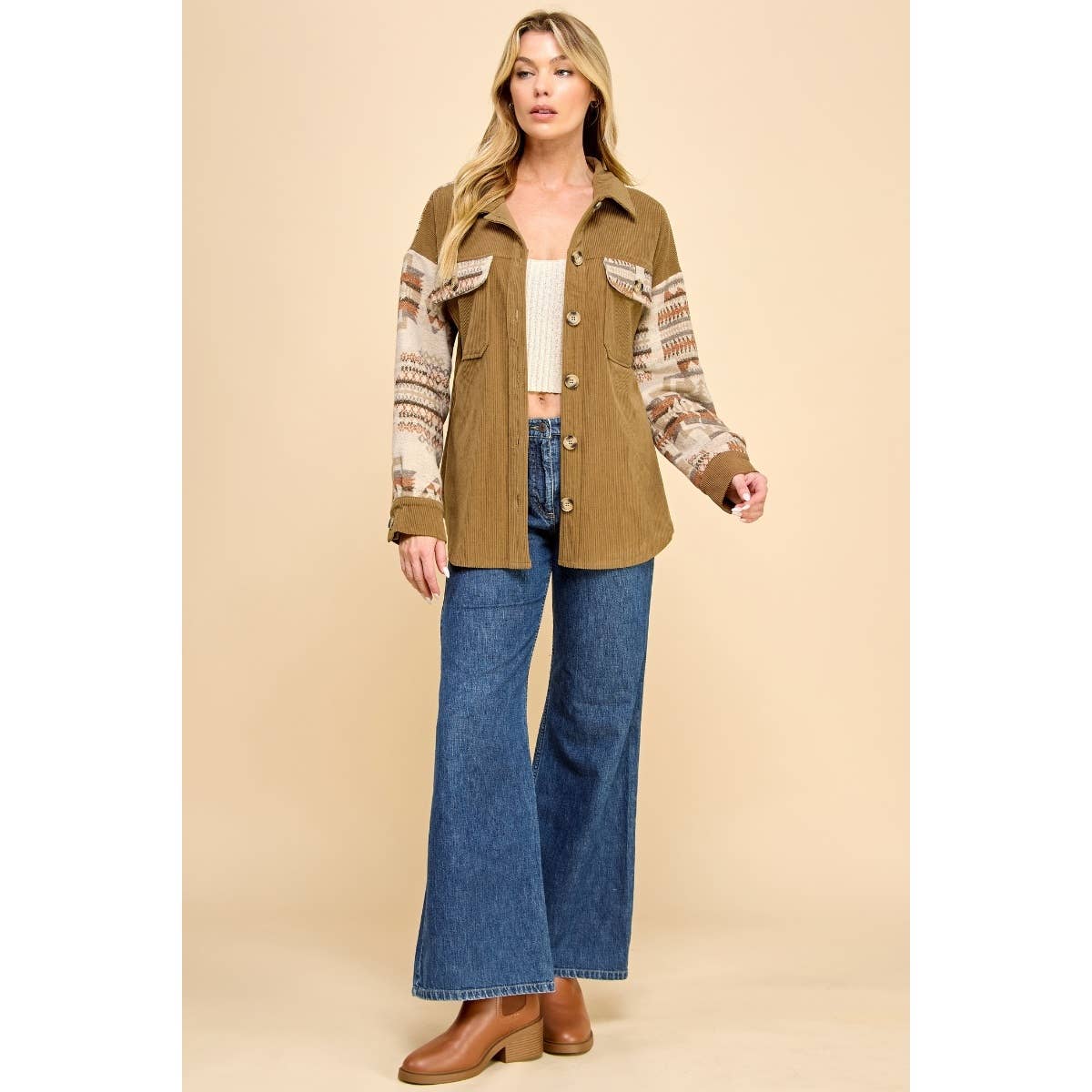 Veveret - Contrast Pattern Corduroy Shacket