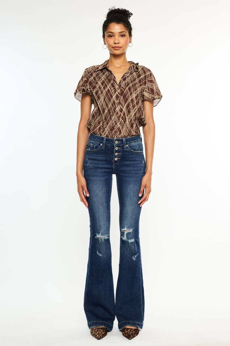 Kan Can USA - OPEN PACK MID RISE BUTTON UP DISTRESS FLARE JEANS-KC6327FD