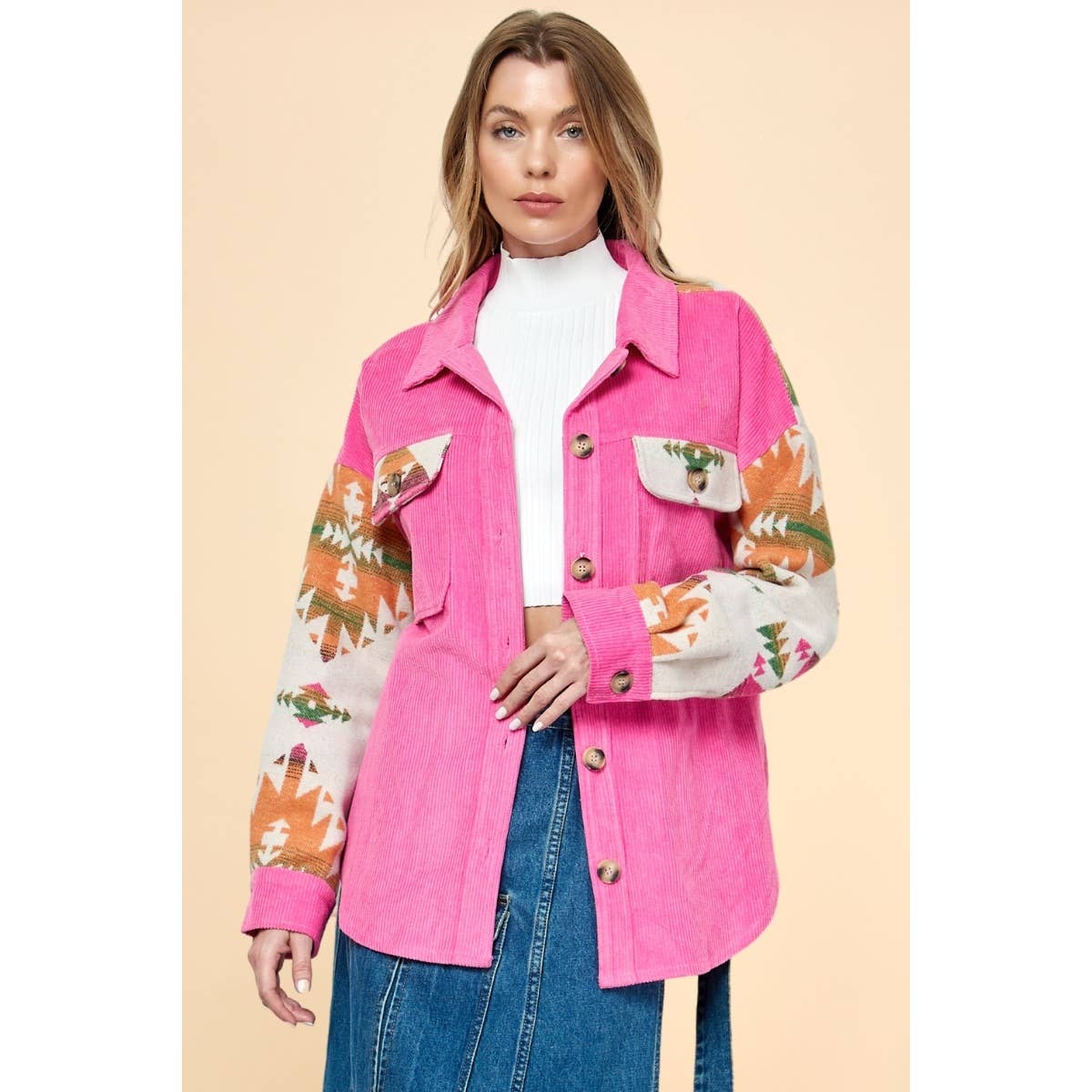 Veveret - Contrast Pattern Corduroy Shacket