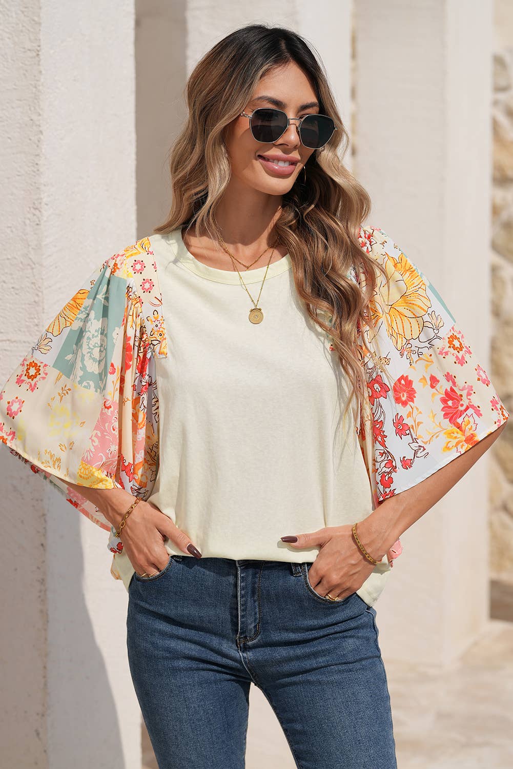Little Daisy Closet - LDC Floral Patchwork Half Batwing Sleeve Blouse