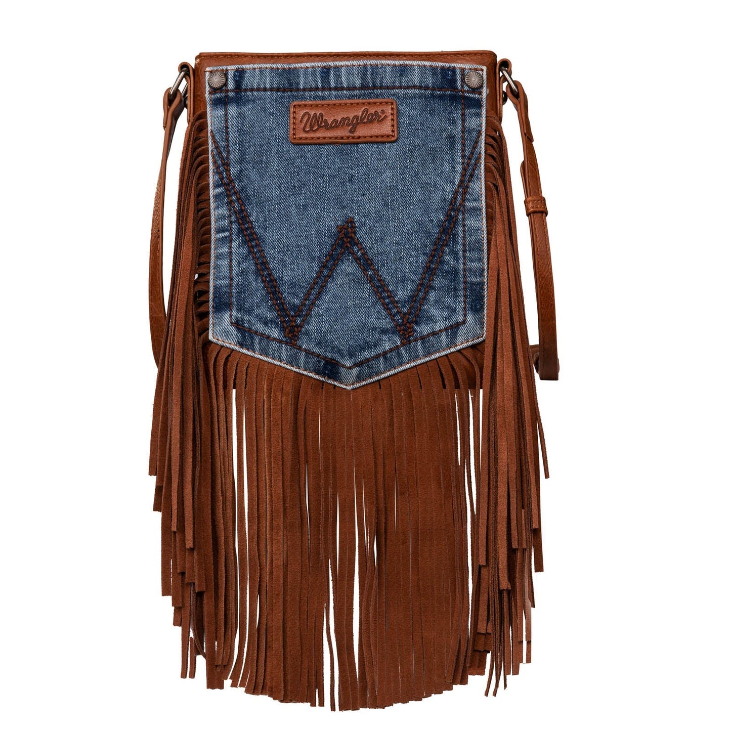 Wrangler Leather Fringe Jean Denim Pocket Crossbody - Brown