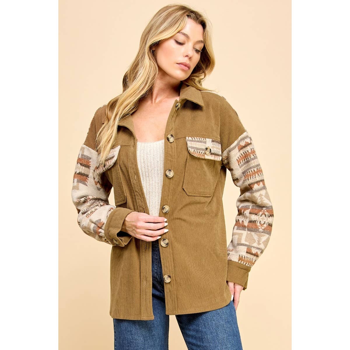 Veveret - Contrast Pattern Corduroy Shacket